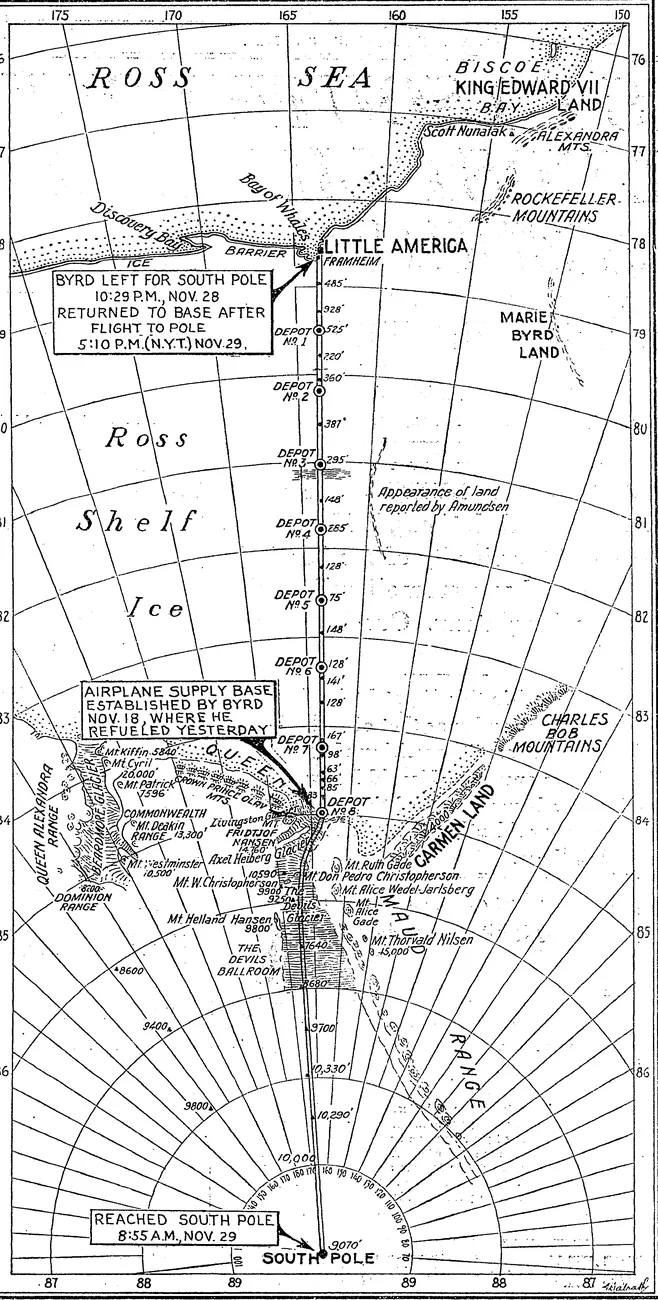 A black-and-white map of the Ross Ice Shelf and the route south to the pole, with printed labels and a line marking the flight.