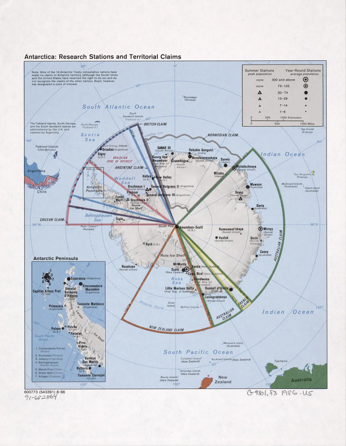 A map of Antarctica with coloured wedge-shaped sectors marking national claims and symbols marking research stations around the coast.