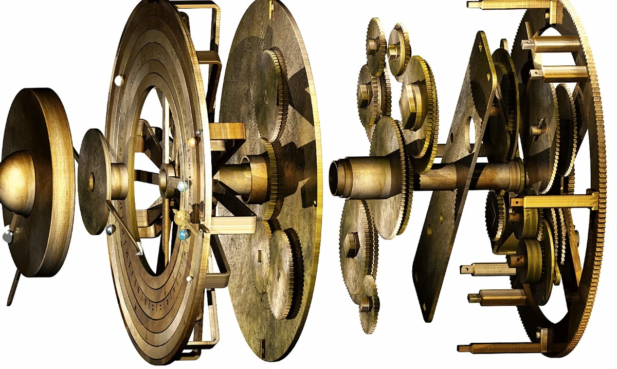 An exploded rendering of the reconstructed front gearing: a dome and rings at left, then plates and many small gears, then the large spoked main wheel at right.