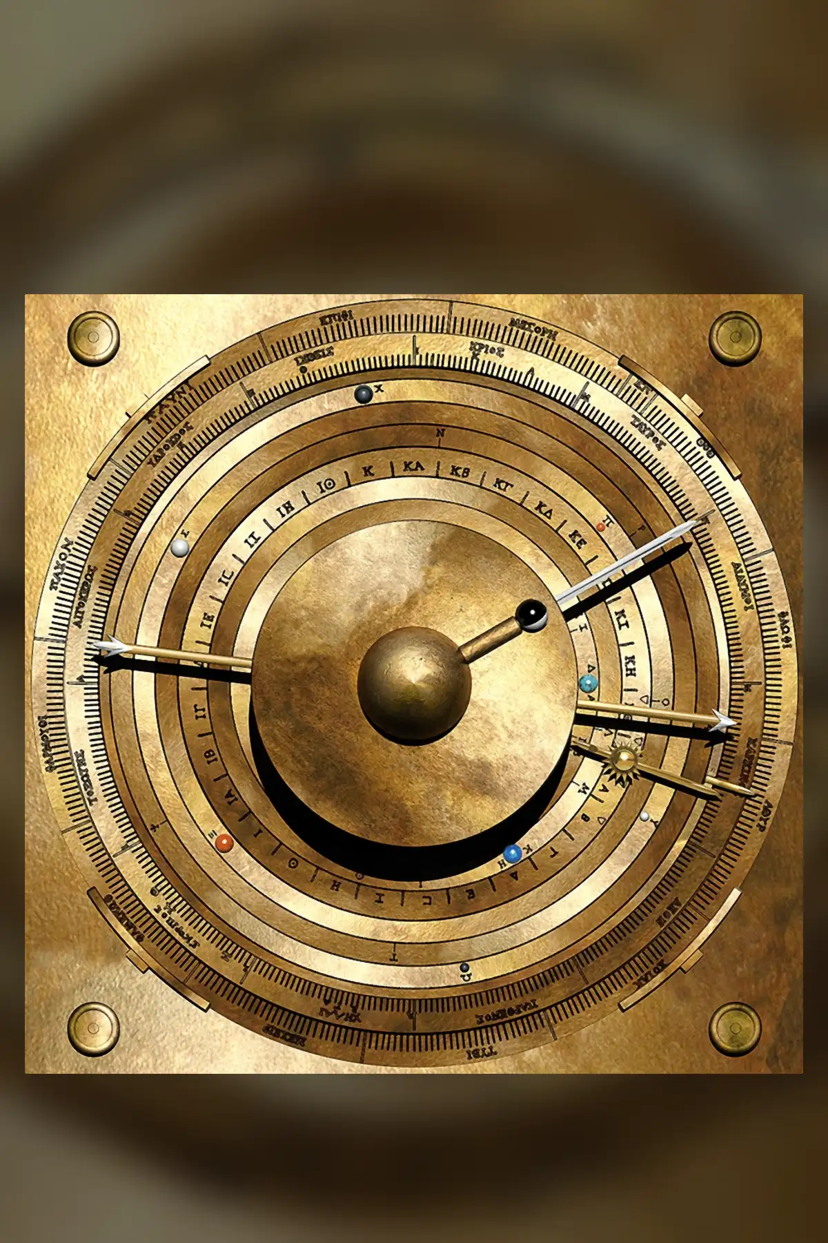 A computer rendering of a round bronze dial with nested gold rings, small coloured spheres for the planets, a golden sun with rays on a pointer, and Greek lettering around the rim.
