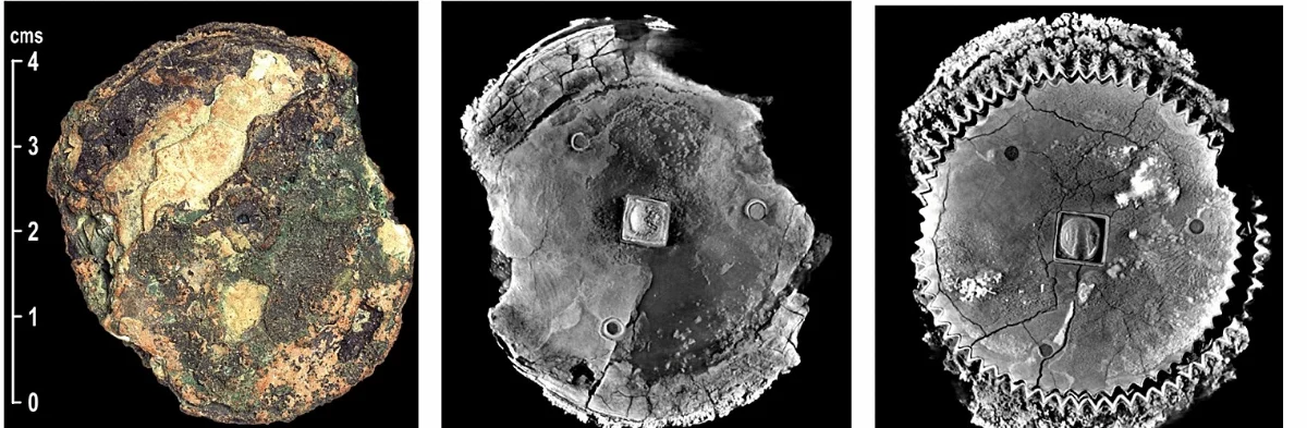 Three views of a small round fragment: an ordinary photograph of a crusted lump, then two grey X-ray slices showing a toothed wheel inside it.