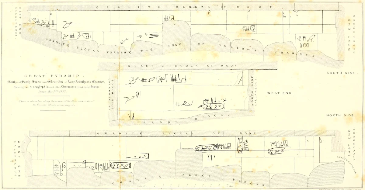 A lithographed plate of 1839 showing the north, south and west walls of Lady Arbuthnot's Chamber opened flat, with cartouches and work-gang signs drawn on the blocks.