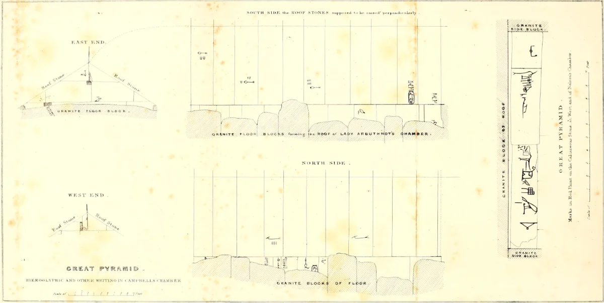 A lithographed plate with two small triangular end views at left, two long wall elevations in the middle and a narrow panel at right.