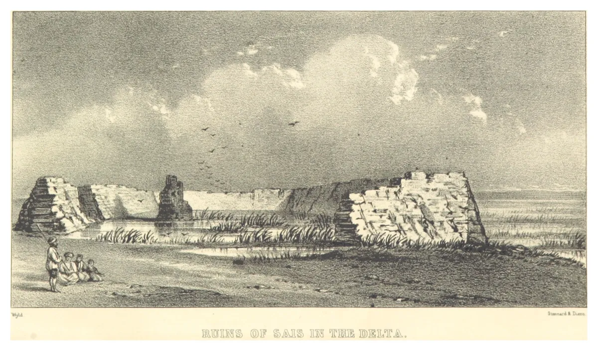 A nineteenth-century print of broken mud-brick walls and mounds on a flat plain under a wide sky, with two small figures.