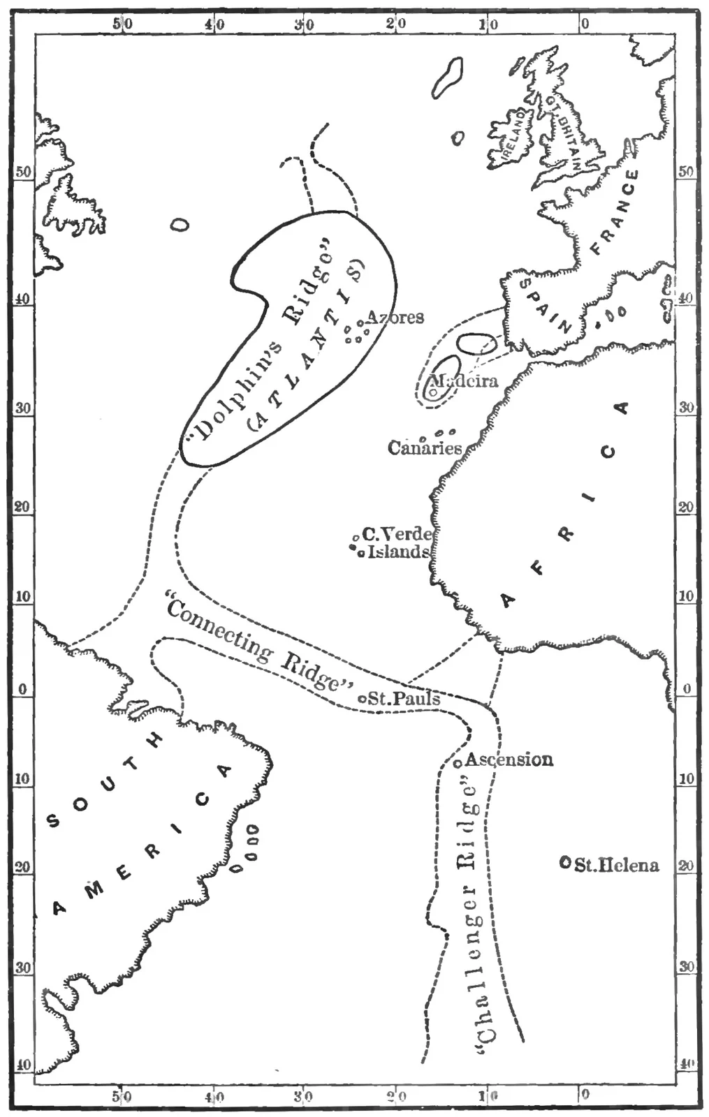 A nineteenth-century map of the Atlantic Ocean with a long ridge marked in the middle, labelled as Atlantis, and the Azores.