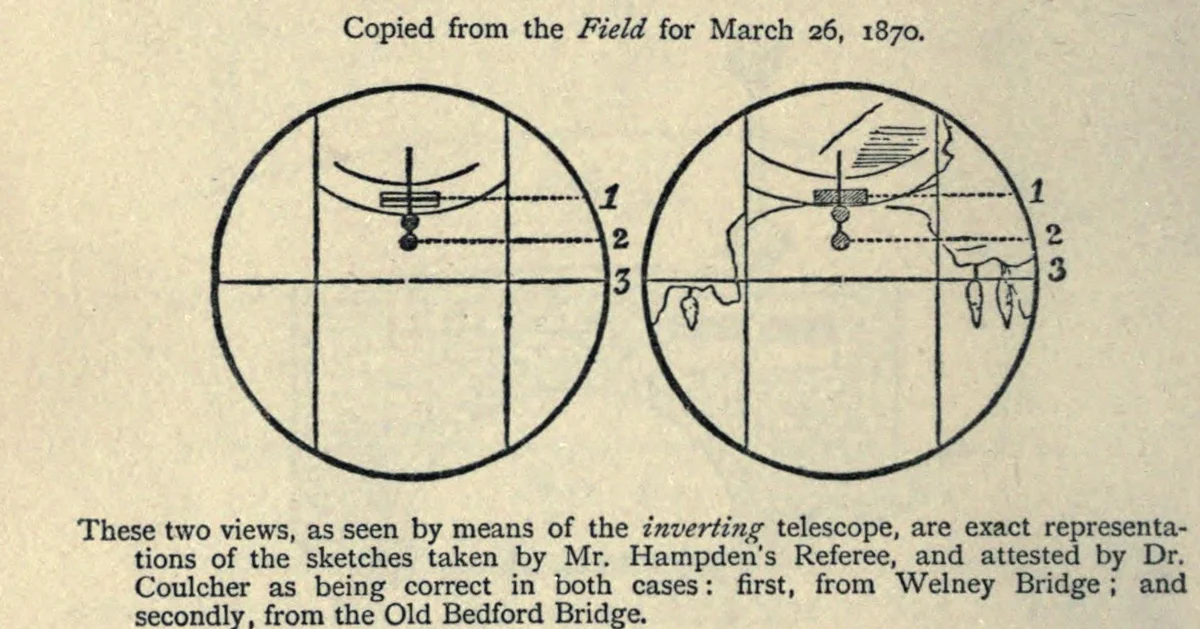 Two circular telescope views copied from The Field of 26 March 1870, each showing a bar, a pole with two discs and numbered lines 1, 2 and 3, with a caption saying they were drawn by Hampden's referee and attested by Dr. Coulcher.