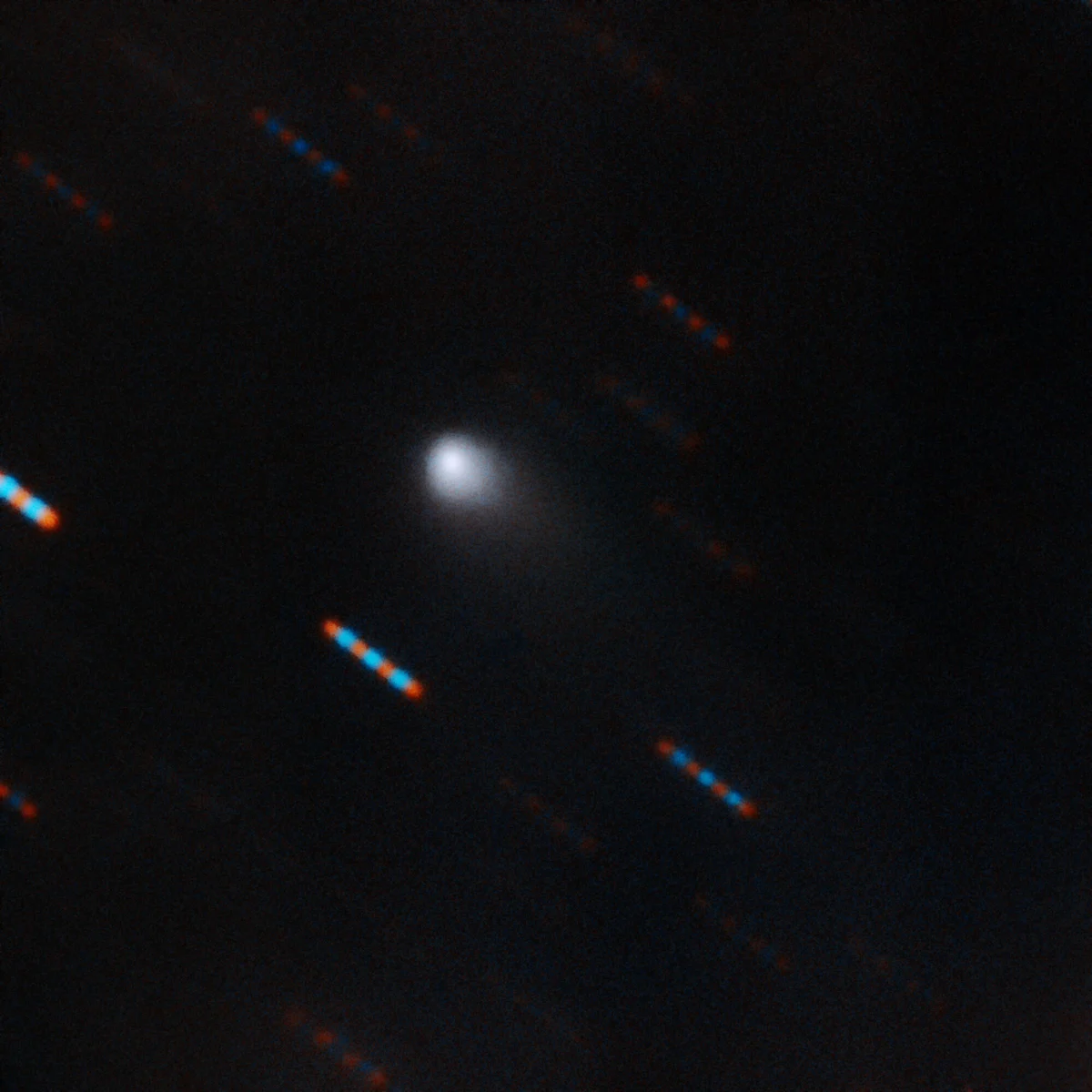 A fuzzy comet with a short tail in a field of colour-streaked stars