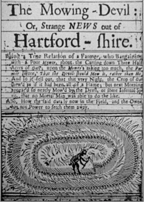 A 1678 woodcut title page: a horned devil with a scythe cutting oats inside an oval field marked with rings, under the words The Mowing-Devil.