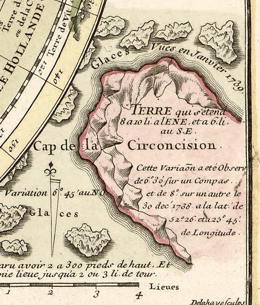 Buache's inset of Bouvet's Cape of the Circumcision: a pink coast in hatched relief with icebergs drawn along it and engraved notes.