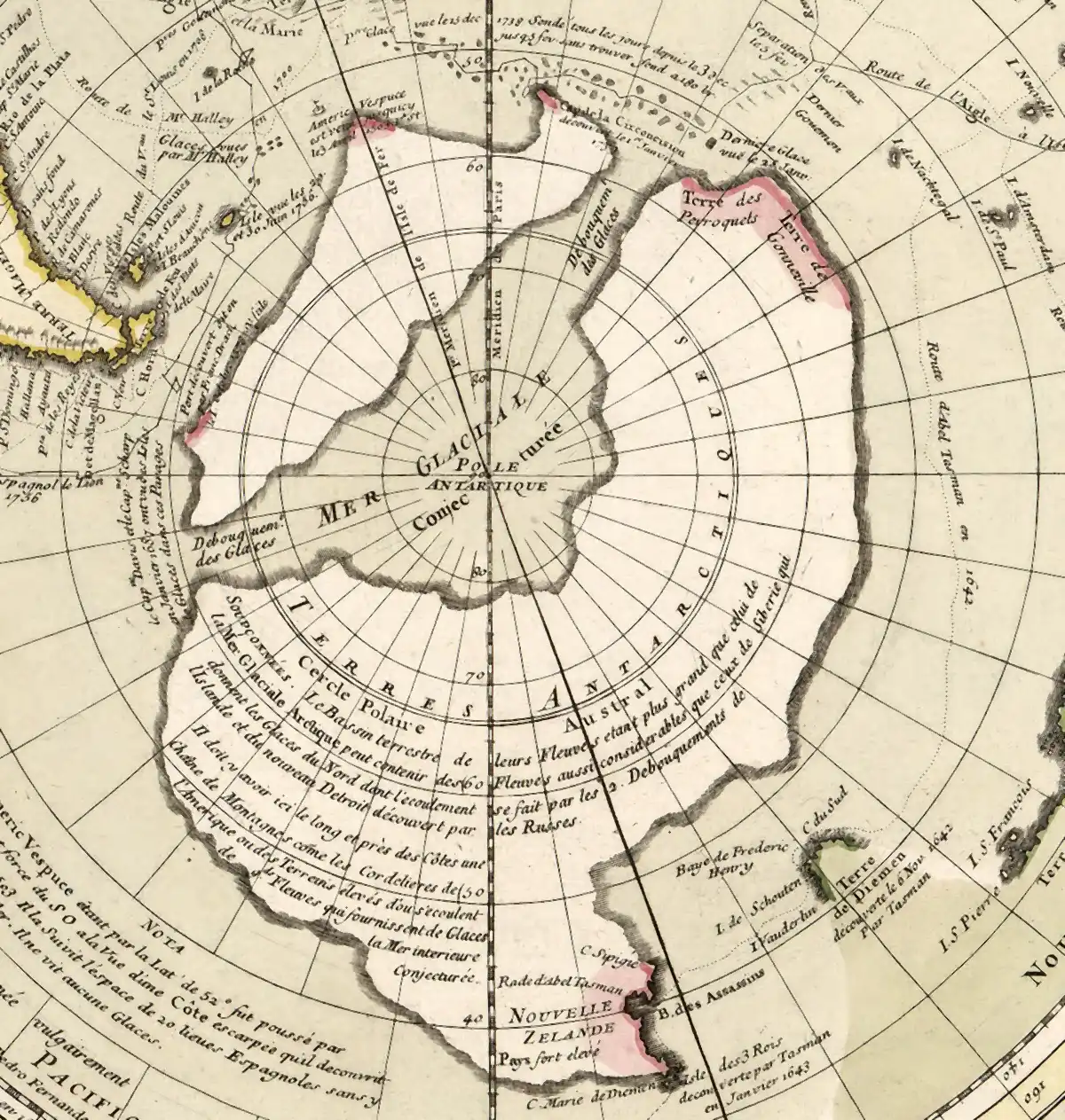 Close view of the centre of Buache's map: a ragged continent around the pole with a pale sea labelled Mer Glaciale and Conjecturee, and an outlet running off to the left.