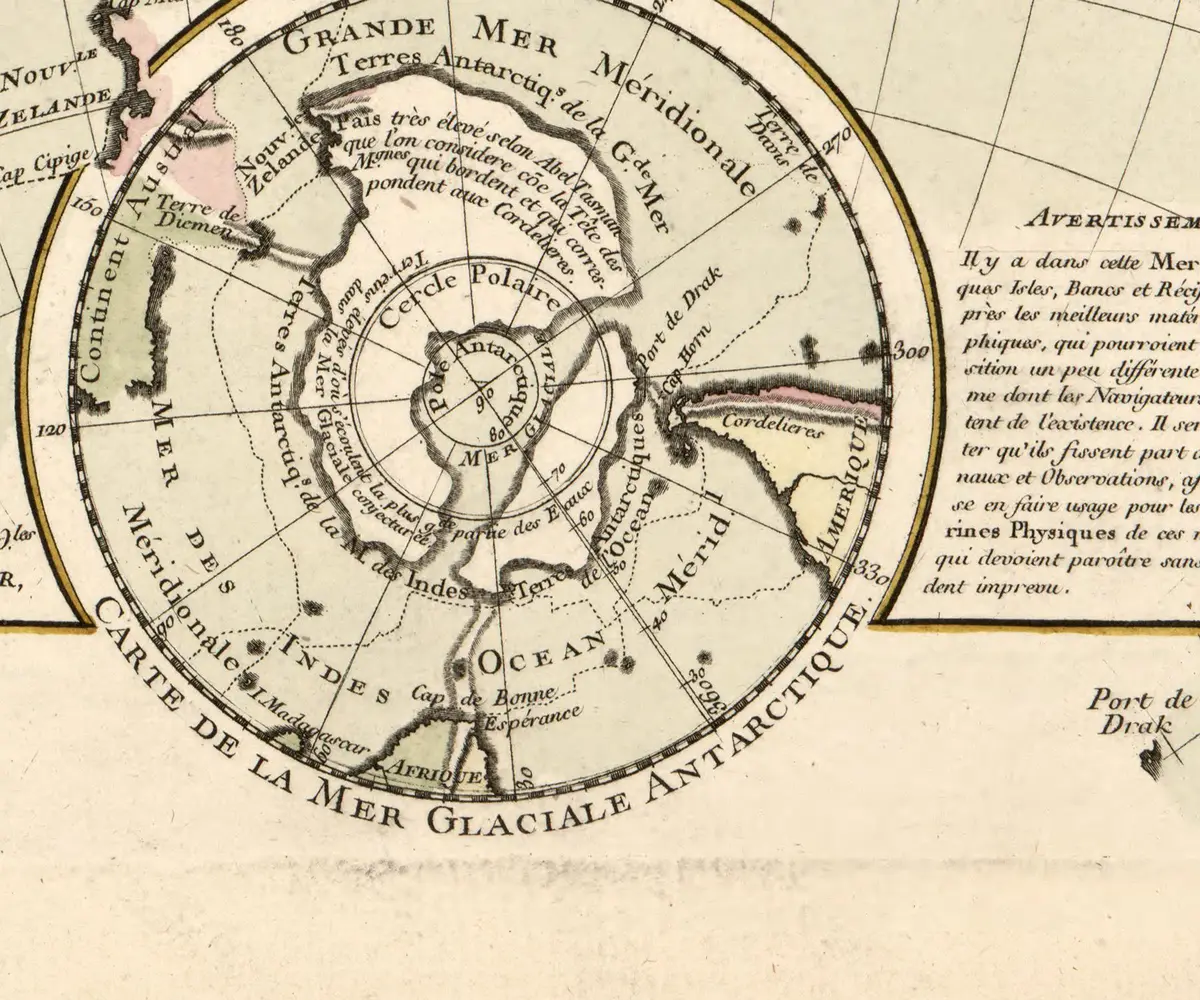 Buache's small round chart of the Antarctic frozen sea, an inset to his physical map of the Pacific: a sea at the pole ringed by conjectured high land.