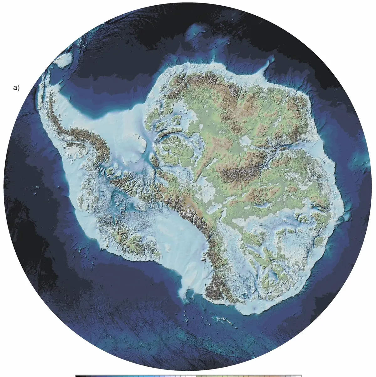 Modern map of the rock beneath Antarctica's ice: green and brown land above sea level, with West Antarctica and large inland basins in blue below sea level.