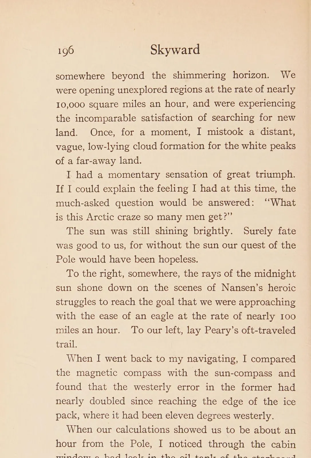 Page 196 of Byrd's book Skyward, ending with the words 'a bad leak in the oil tank of the starboard'.