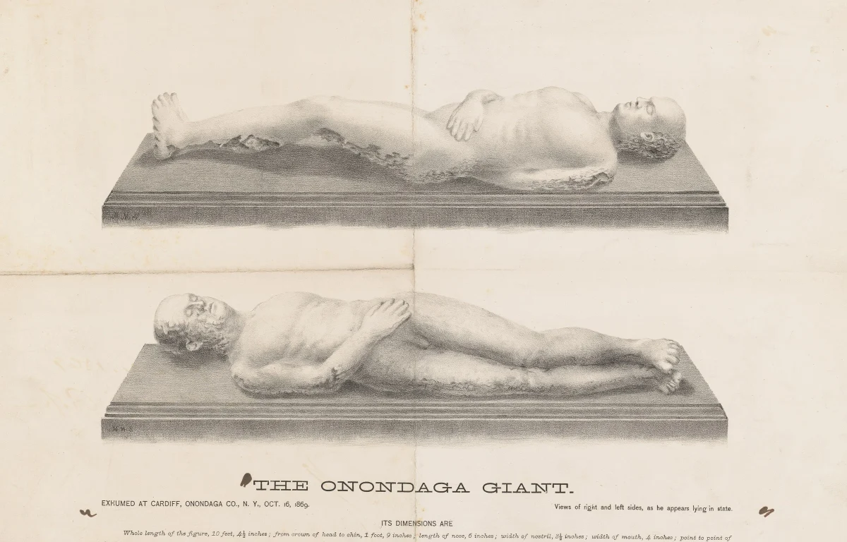 A printed picture showing the stone figure twice, from both sides, lying on a slab, titled The Onondaga Giant.