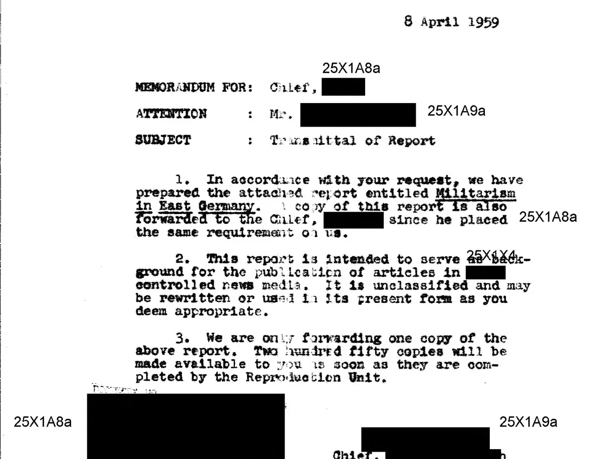 A typed CIA memorandum of 8 April 1959 with black redaction bars, saying a report is unclassified and may be rewritten.