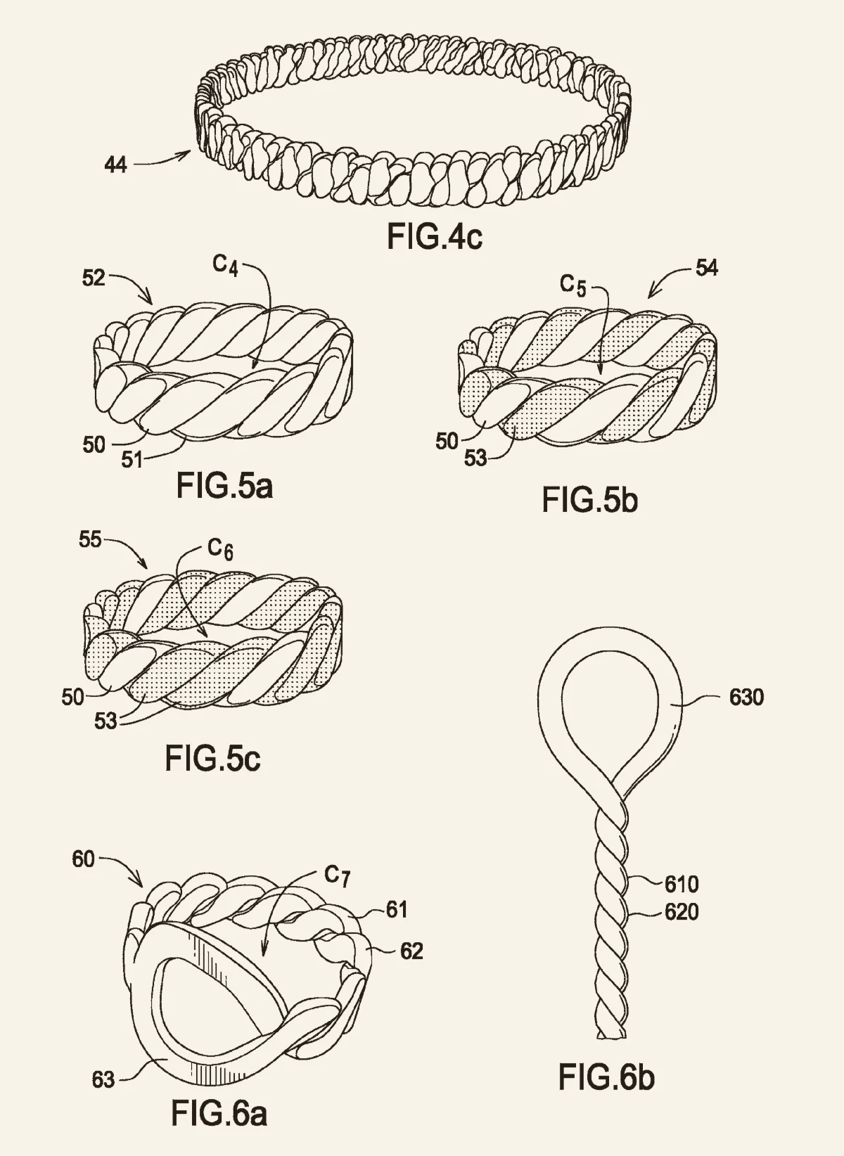 Patent drawings of flattened ring bands made of twisted strip.