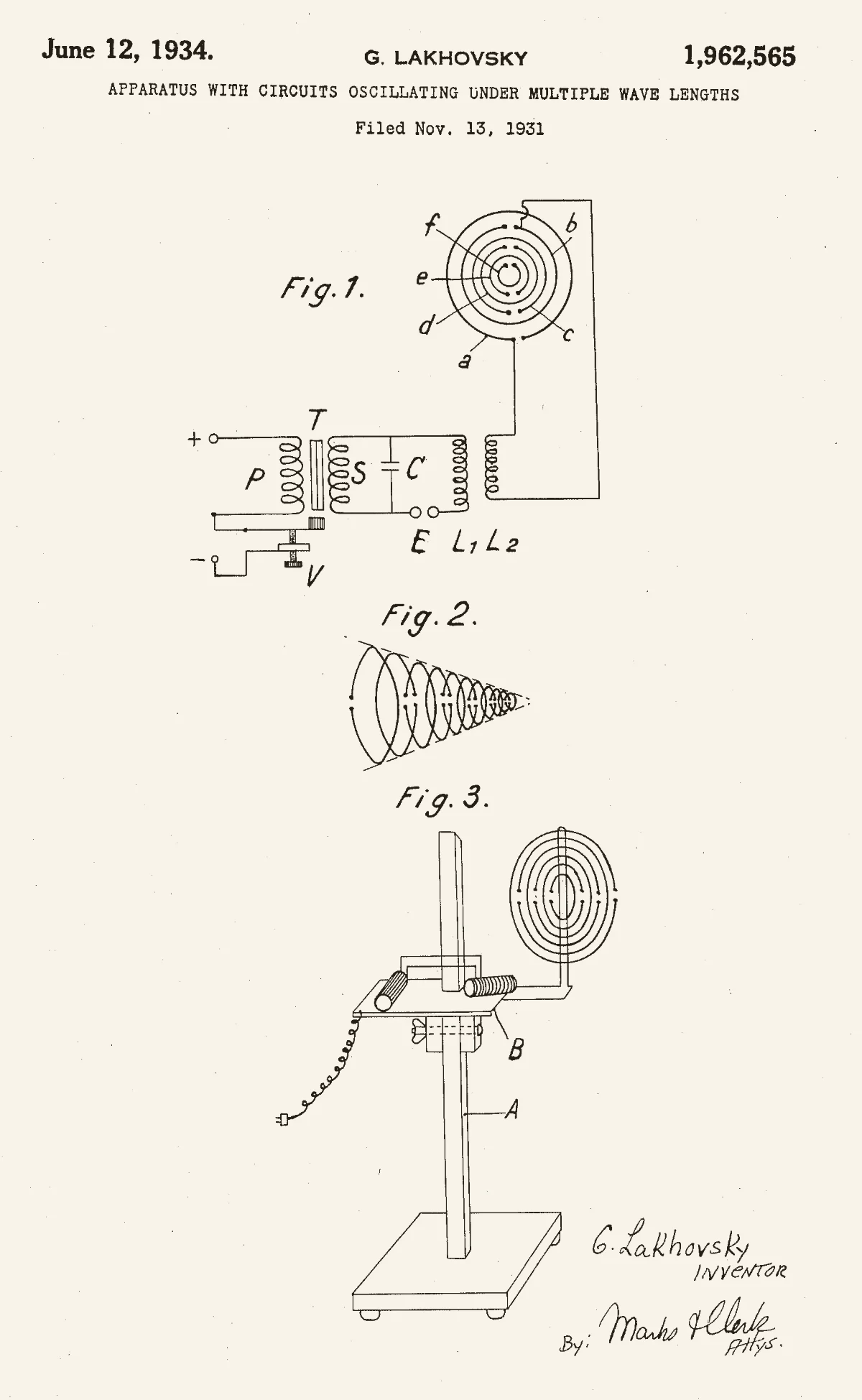 Patent drawing of concentric split rings, a circuit diagram and the apparatus on a stand.