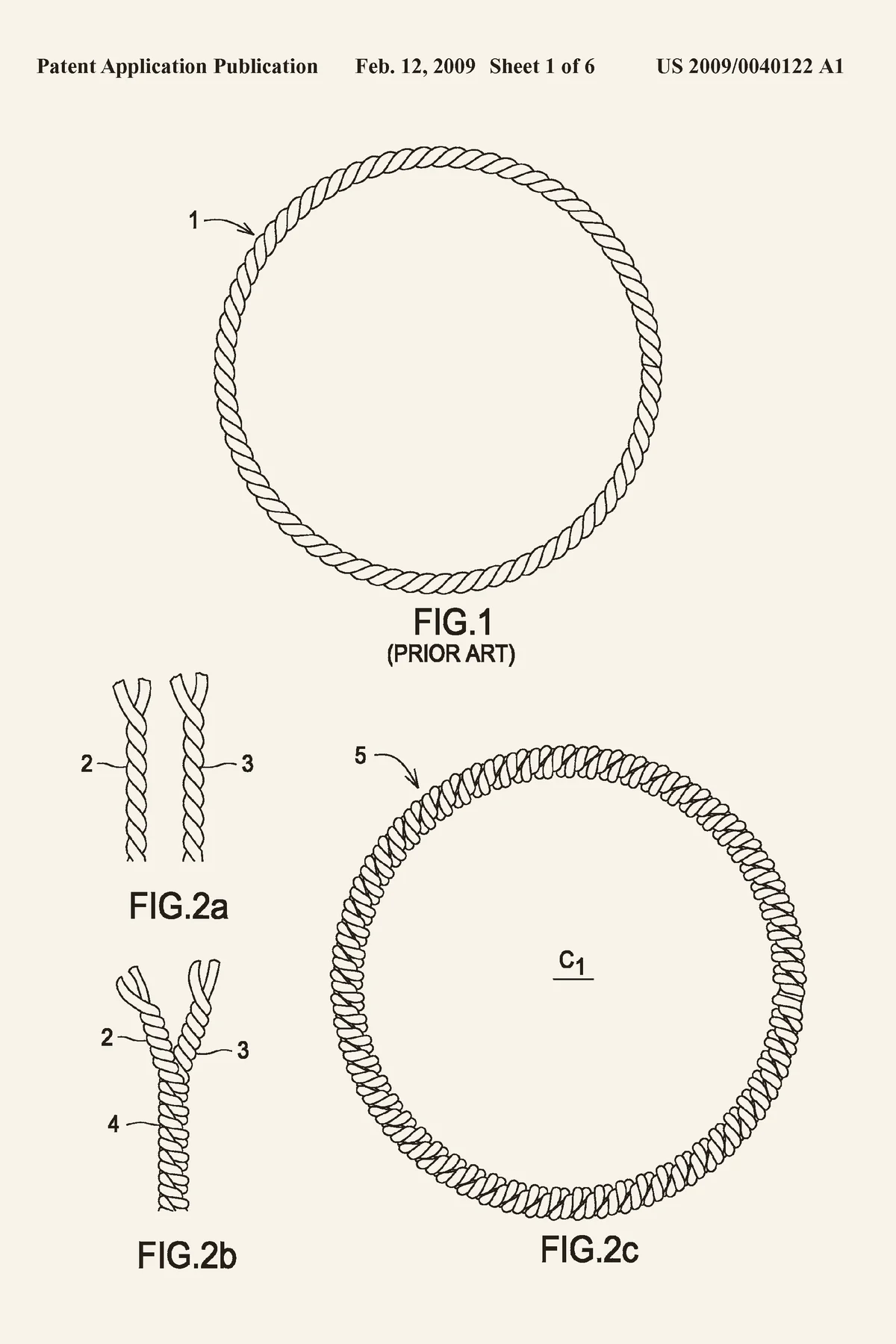 Patent drawing of a closed ring of twisted wire, with details of the twisted strands below it and a second ring of doubled twisted strand.