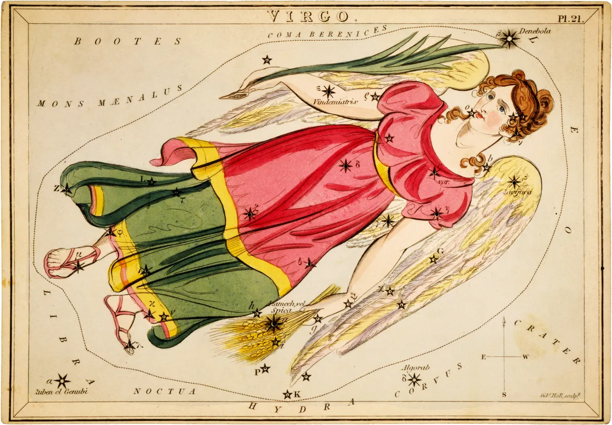 A hand-coloured 1825 star chart of the constellation Virgo, drawn as a winged woman holding an ear of wheat, with her stars marked on the figure