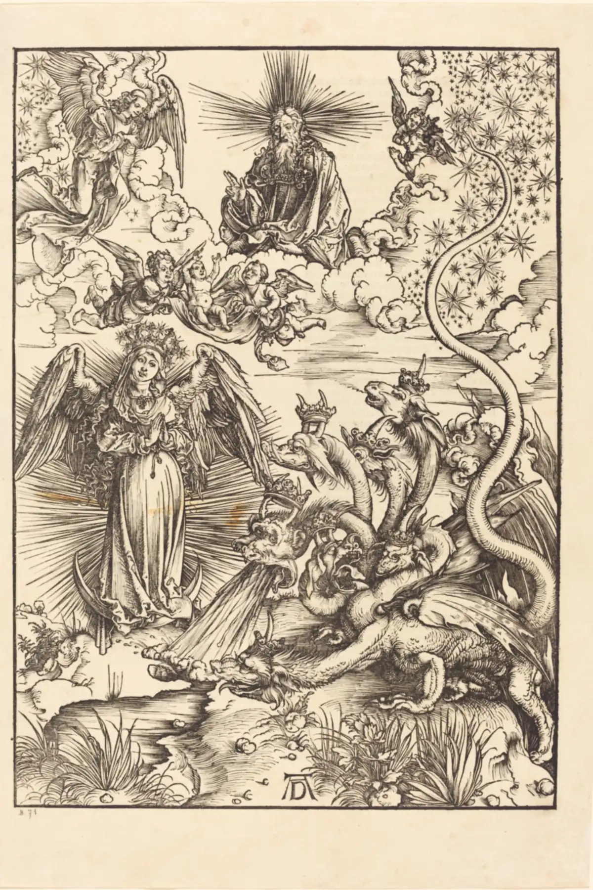 Durer's woodcut of 1498: a winged woman crowned with stars stands on a crescent moon with sun rays behind her, a seven-headed crowned dragon beside her, and angels lifting a child up to God above