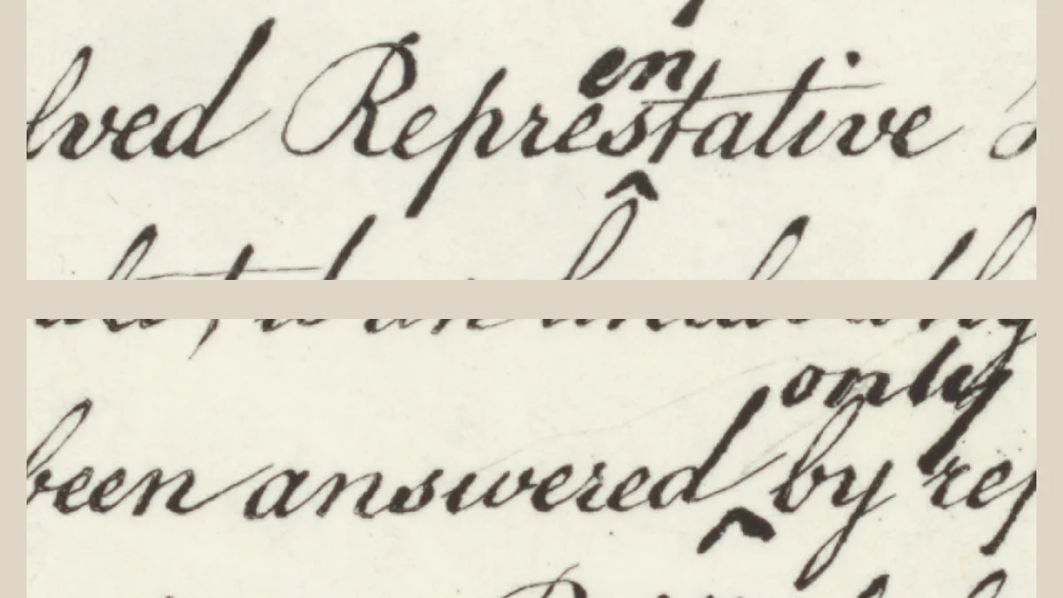 Two handwritten lines from the Declaration: Representative with en written above a caret, and answered by with only written above a caret.