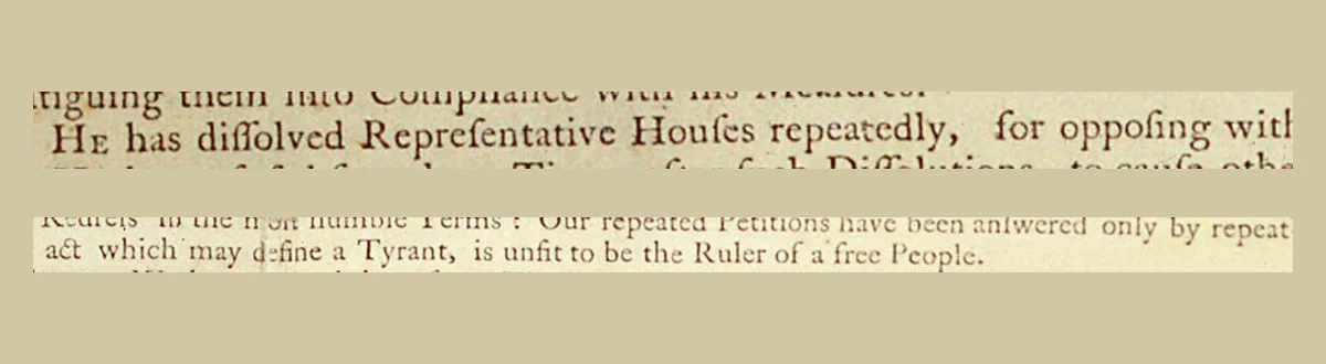 Two printed lines from the 1776 broadside reading dissolved Representative Houses and answered only by repeat-ed.