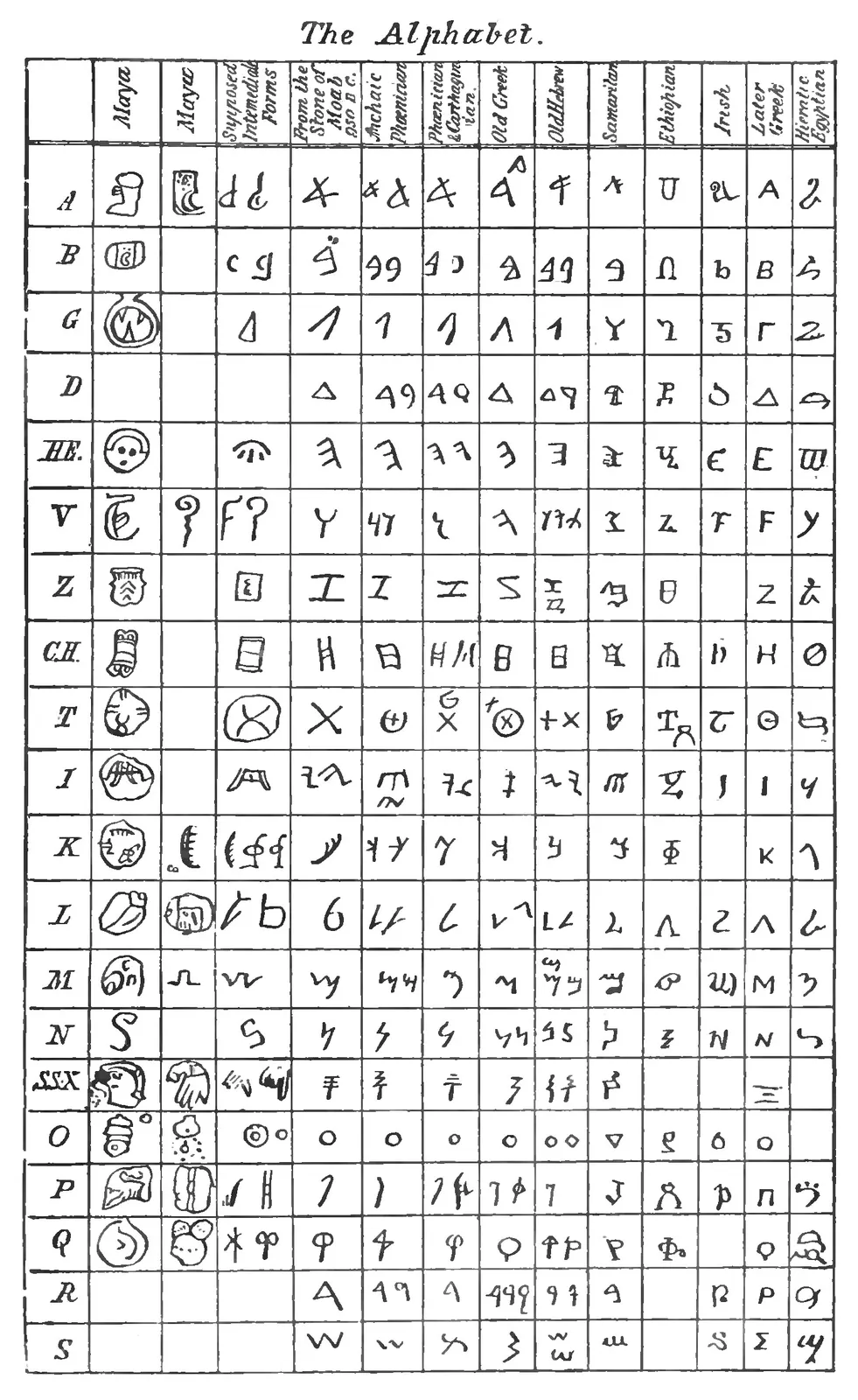 Donnelly's table The Alphabet: rows of letters from A to S, with Maya signs in the first columns beside Phoenician, Greek, Hebrew and Egyptian forms.
