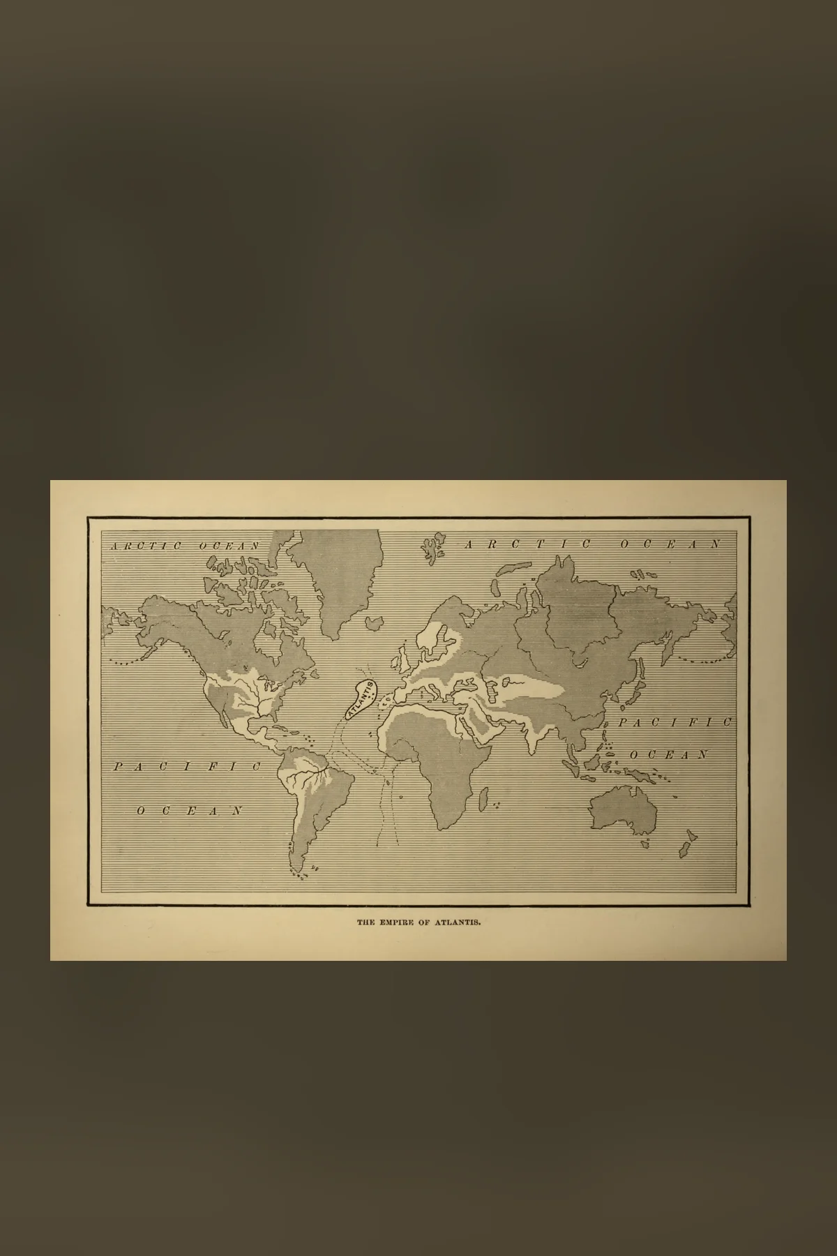Donnelly's world map The Empire of Atlantis, from his 1882 book: an island in the middle of the Atlantic with the lands around both coasts shaded as its colonies.