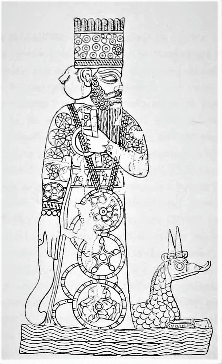 A line drawing of a bearded god in a tall feathered crown and a robe covered in rosettes, holding a rod and ring, with a horned snake-dragon at his feet.
