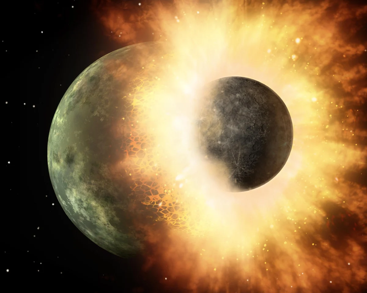 An artist's painting of two rocky worlds colliding in space, a blinding flash of fire where they meet.