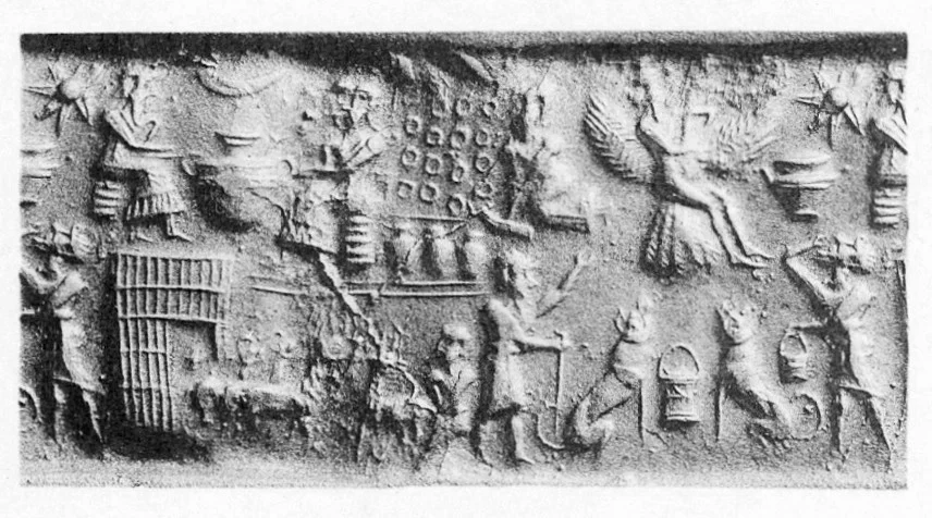 A black and white seal impression: a large eagle carrying a man upward, shepherds and dogs below looking up, a pen with sheep, a man at a churn and rows of round objects.