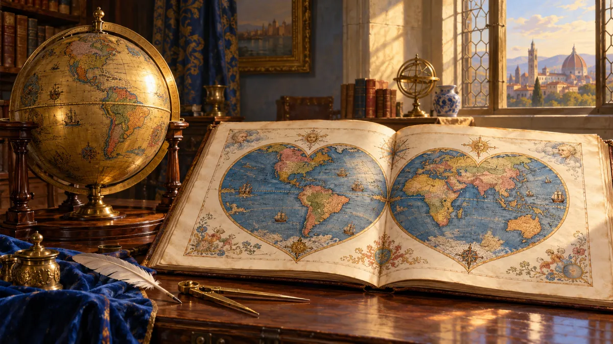 Illustration of a Renaissance study with a globe and a folio open to a world map drawn as two hearts.