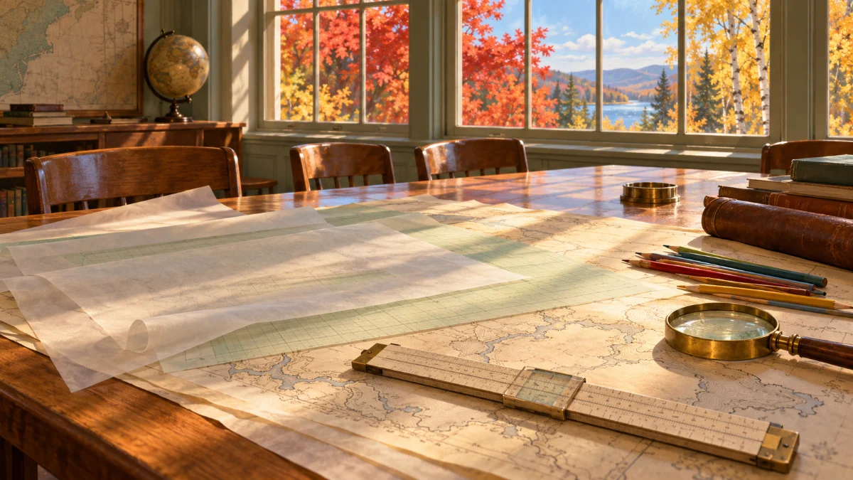 Illustration of a 1960s seminar table covered in tracing paper and graph paper laid over an old map, autumn maples outside.