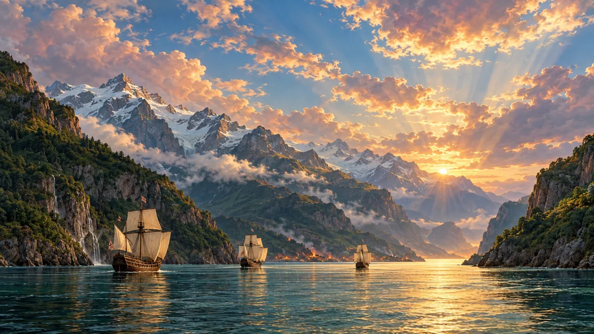 Illustration of three 16th-century ships entering a mountain strait at sunset, fires on the southern shore.