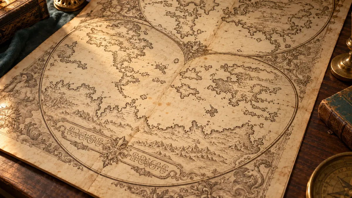 Illustration in the style of a 1531 woodcut world map, its southern continent crossed by an ornamental legend (the lettering is decorative, not readable).