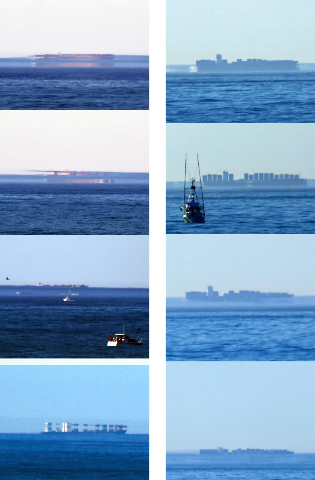Eight photographs of two distant ships at sea. Their hulls stretch, stack and flatten from frame to frame above a blue horizon.