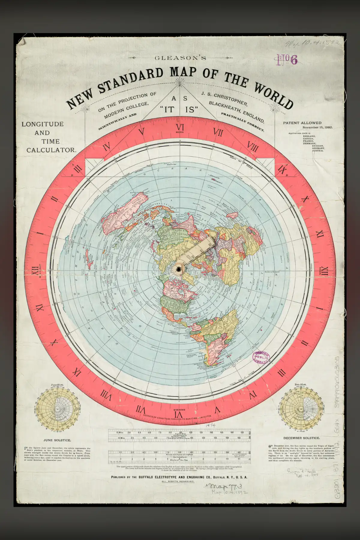 Alexander Gleason's printed map of 1892: the continents on a round sheet centred on the North Pole, inside a red ring of hours, with tables and small discs in the corners.