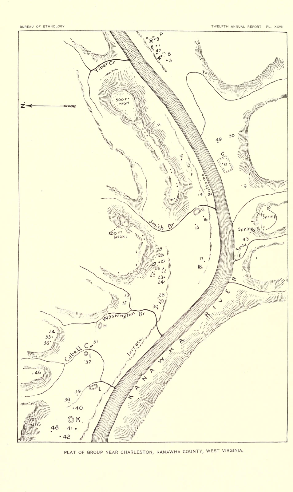 An engraved plan of a river valley with numbered mounds and earthwork enclosures scattered along both banks.