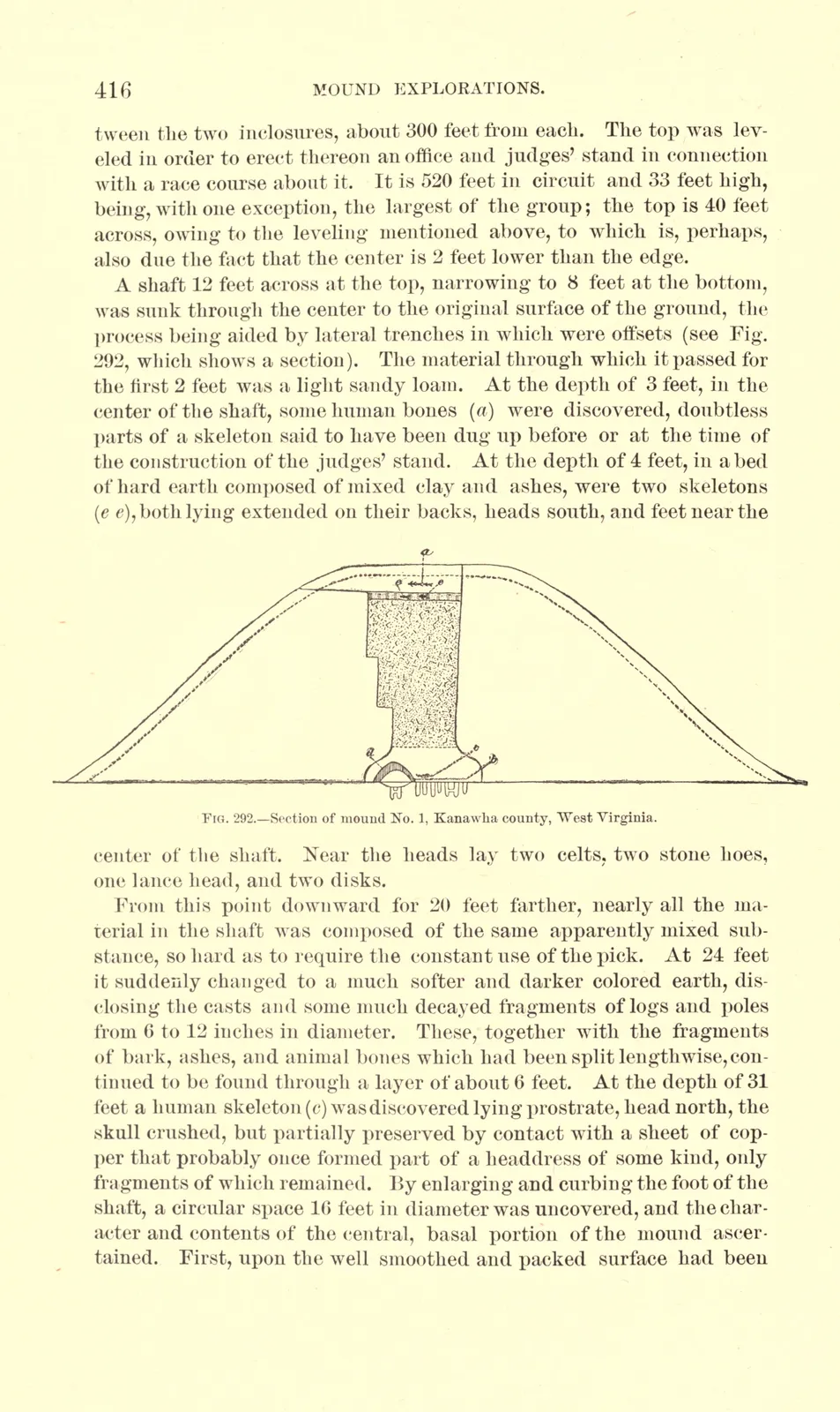 A page of the 1894 report with an engraved cross-section of a burial mound and its central shaft, above two columns of text.