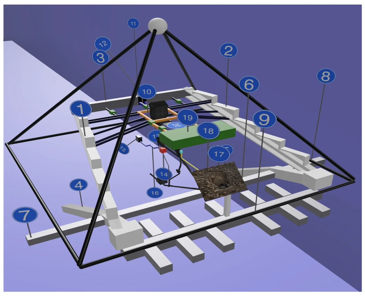 Computer model of a wire-frame pyramid with numbered ramps, corridors and rooms in white, blue, orange and green, and a textured floor piece.