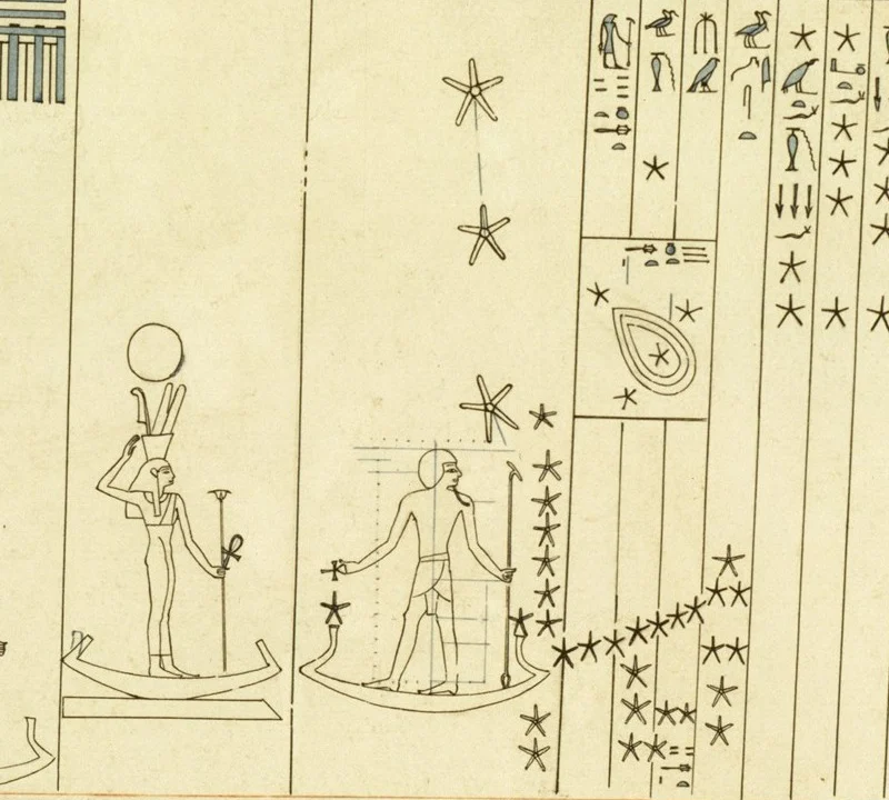 A striding figure in outline stands on a boat, with three large stars rising above him in a line, beside columns of hieroglyphs and small stars.