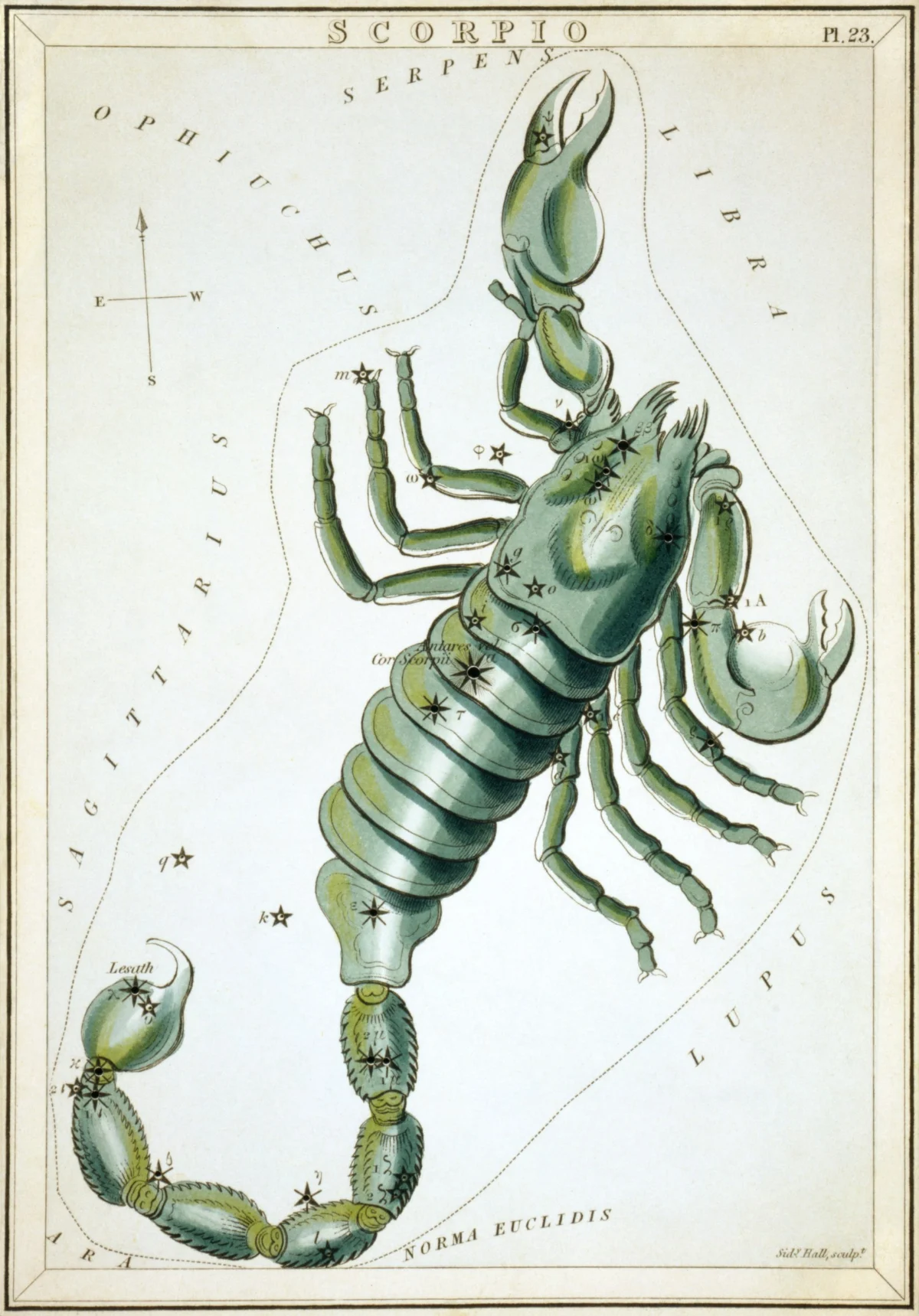 An old hand-coloured star chart showing a scorpion among stars, labelled Scorpio, with neighbouring constellation names.