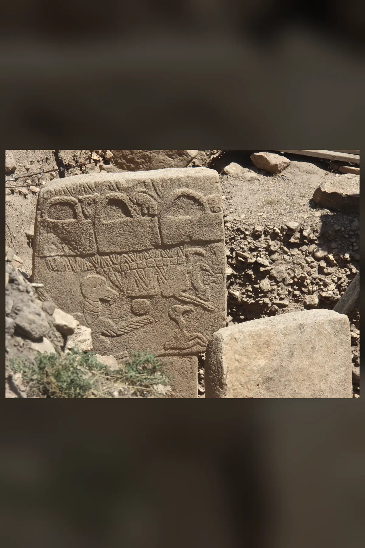 A grey limestone pillar face carved in low relief: rows of V shapes and three bag shapes at the top, a large bird with wings spread, a circle beside its wing, a scorpion and other animals below.