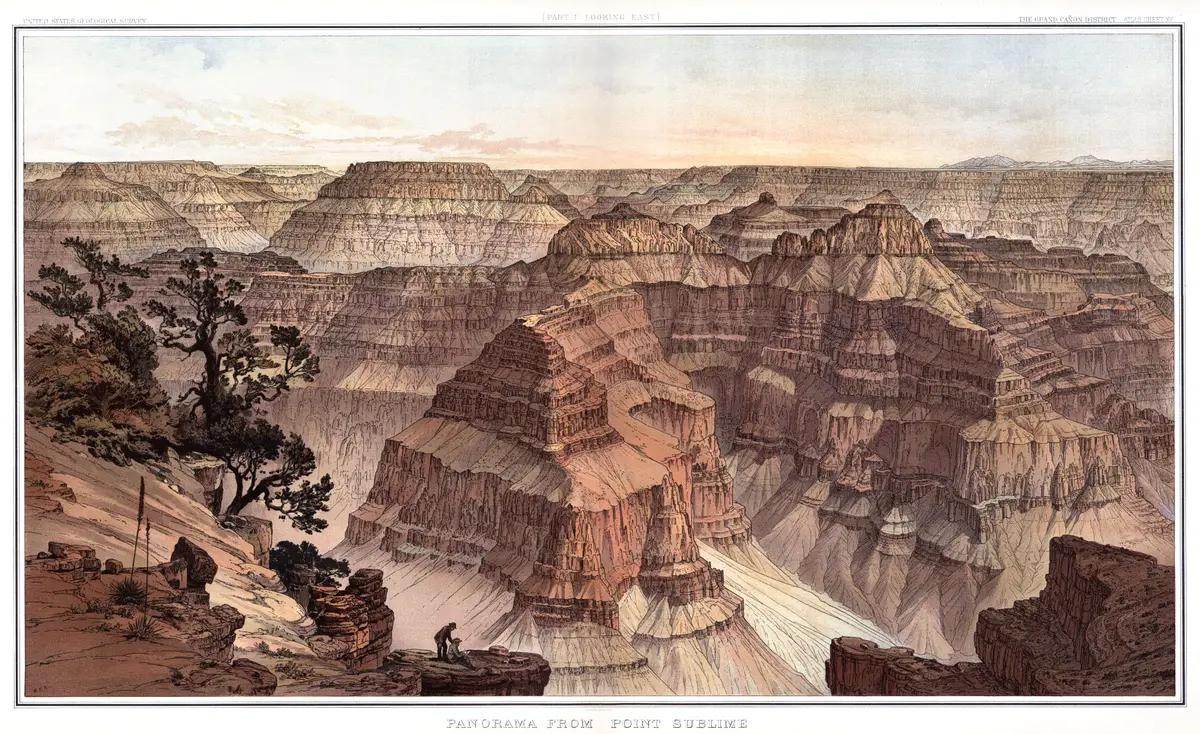 A colour print of the canyon seen from a high point, tiered red buttes under a pale sky, a small figure seated on a ledge.