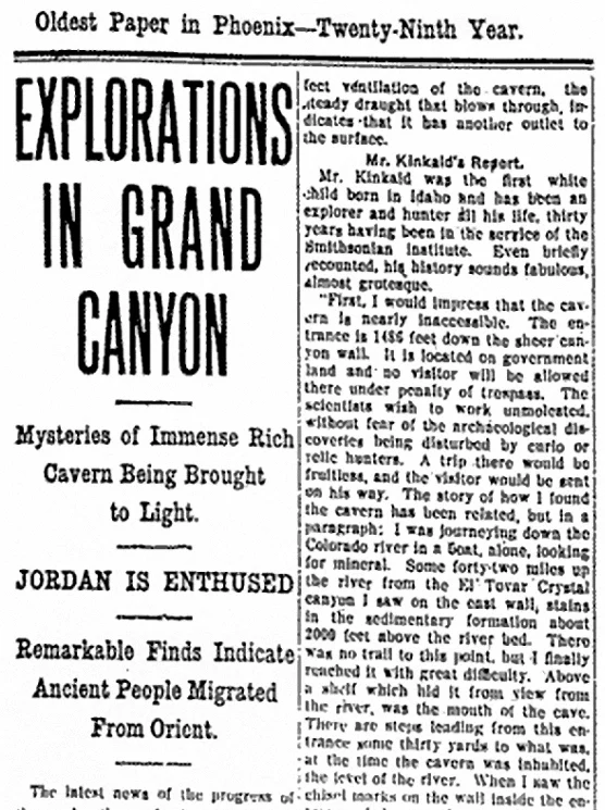 Two columns of old newsprint under the stacked headline Explorations in Grand Canyon.
