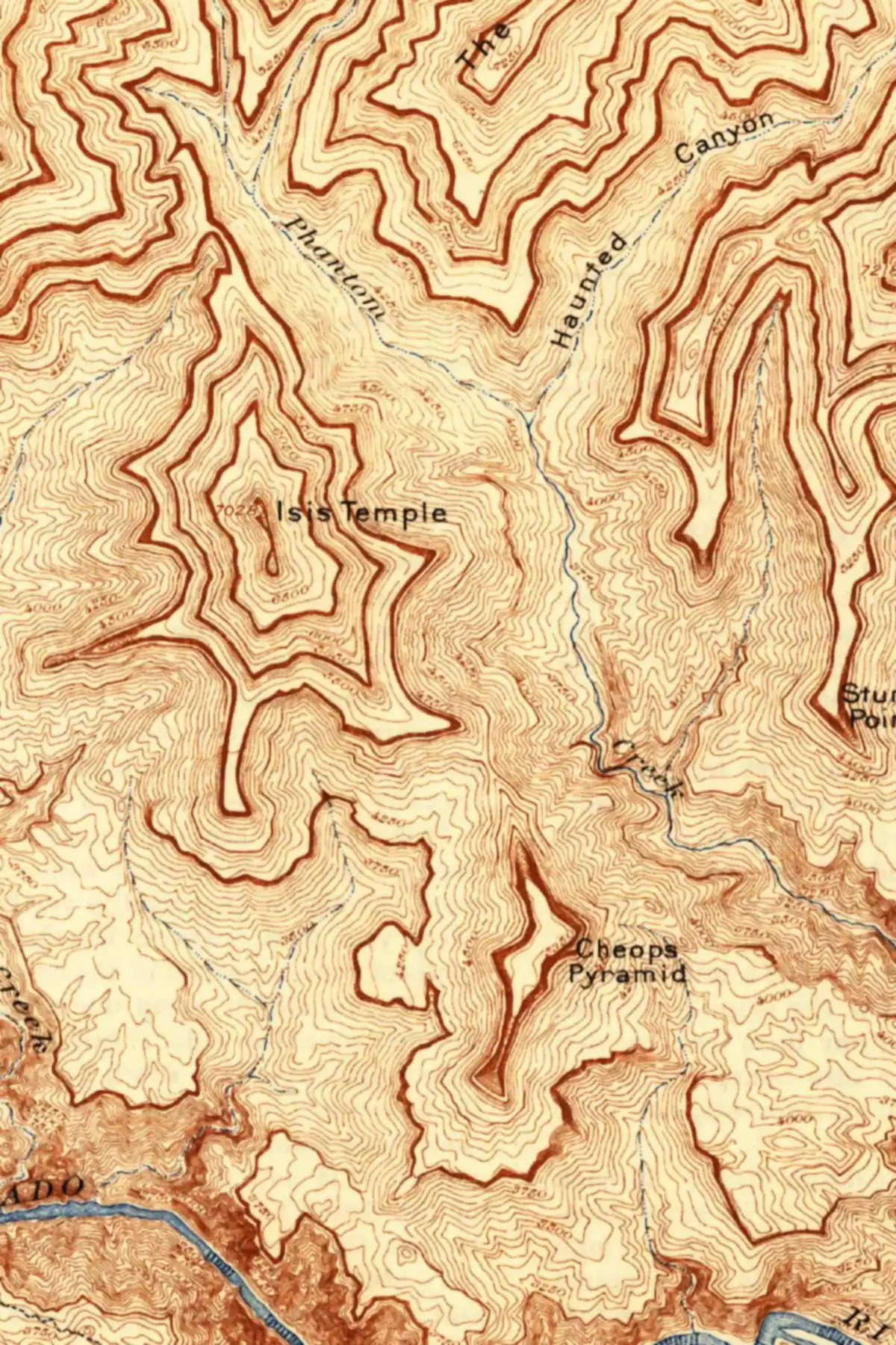 A brown contour map of the inner Grand Canyon with the labels Shiva Temple, Osiris Temple, Tower of Ra, Horus Temple, Isis Temple, Tower of Set and Cheops Pyramid above a blue river.
