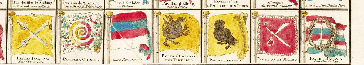 A row of painted flags from a 1756 chart; two yellow flags, one with a dragon and one with an owl, are labelled for the Emperor of the Tartars and for Tartary.