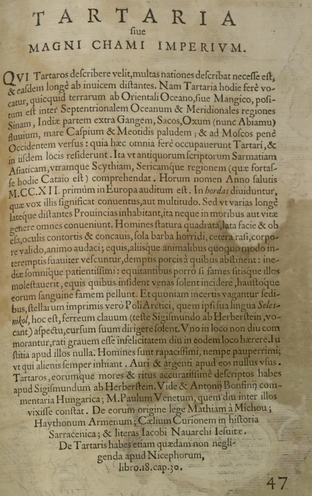 Printed Latin page headed Tartaria sive Magni Chami Imperium, with a brown water stain, page 47 of the 1570 atlas.