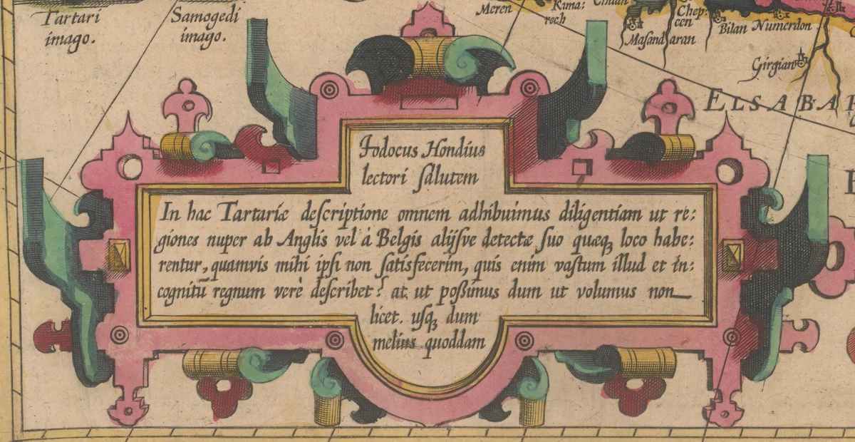 An ornate pink and green frame on an old map holding a short Latin note signed by Jodocus Hondius.