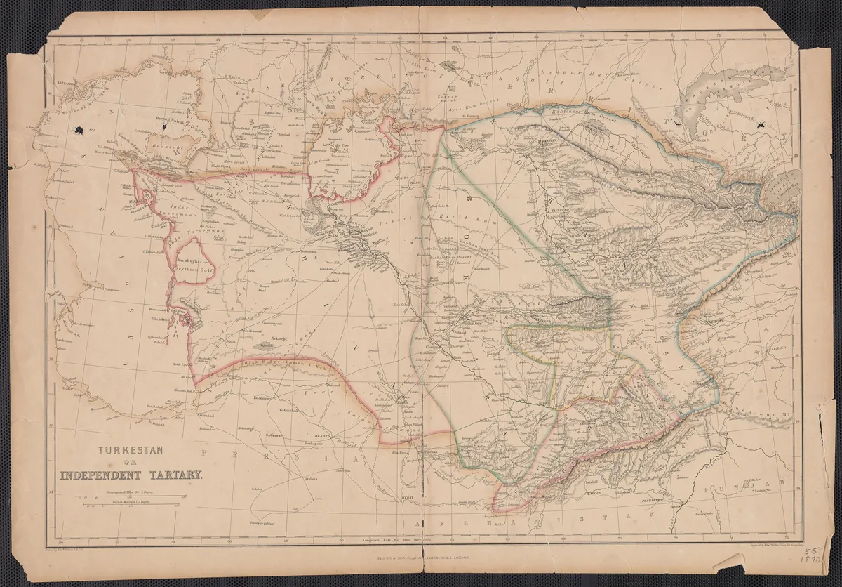 A worn 19th-century map of central Asia titled Turkestan or Independent Tartary.